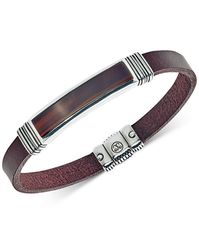 Esquire Men's Jewelry Red Tiger Eye (45 x 15mm) Brown Leather Bracelet in Sterling Silver, Only at Macy's