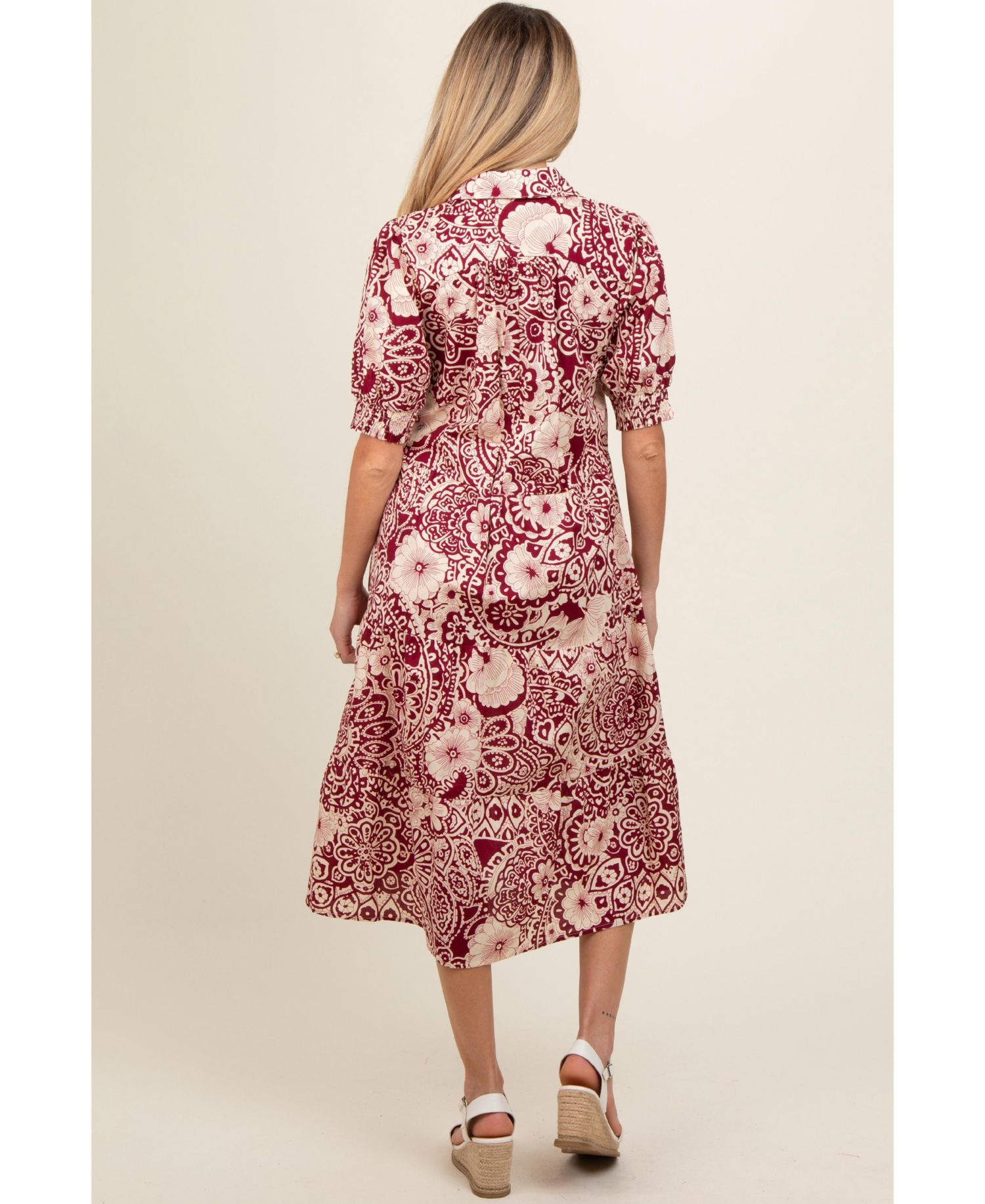 Women's Burgundy Floral Collared Tiered Midi Dress