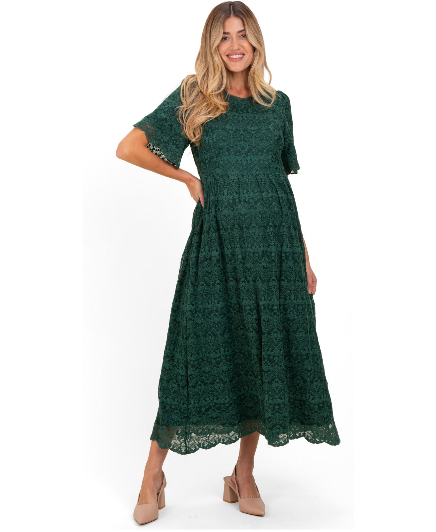 Maternity Floral Flutter-Sleeve Midi Lace Dress