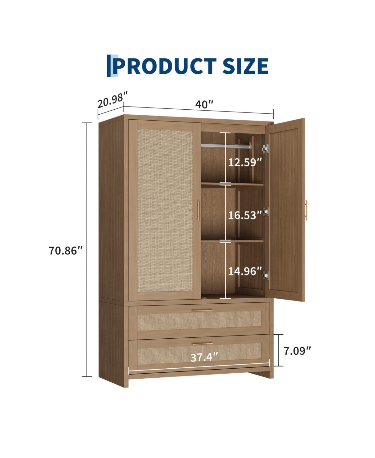 homfan 71" Tall Boho Rattan Wardrobe with Hanging Rod and Drawers,Light Oak Finish