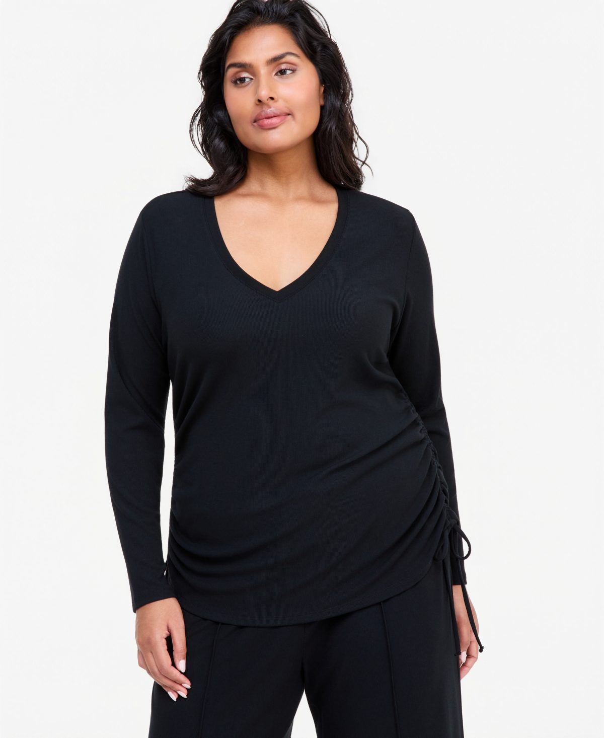 I.n.c. International Concepts Plus Size Side-Shirred Top, Macy's Exclusive - Deep Black