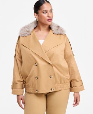 Women's Double-Breasted Removable Faux-Fur Collar Bomber Jacket