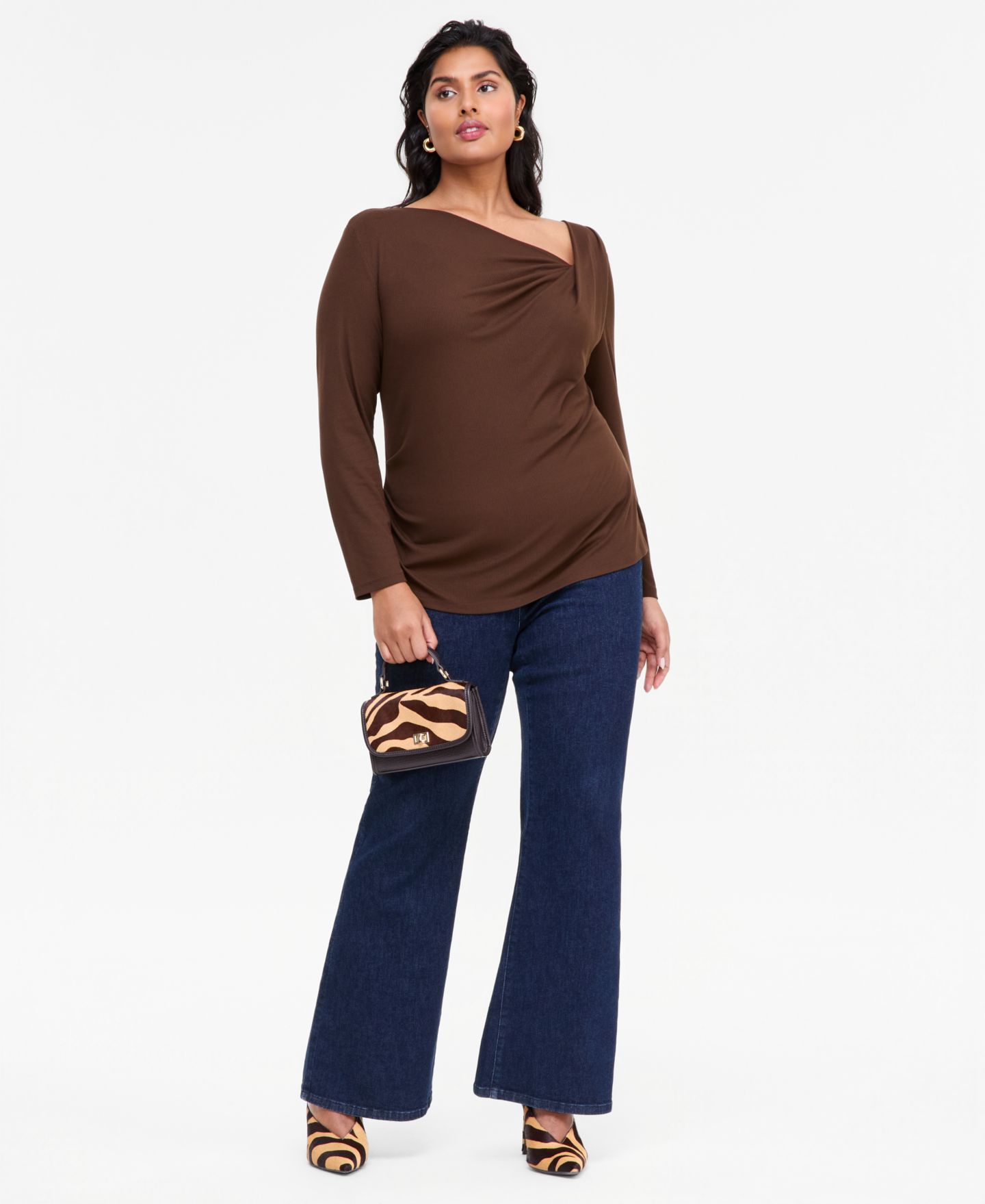 Женская блузка I.N.C. International Concepts Plus Size Drape Cowl Long-Sleeve Blouse, цвет: Кофейный — фото 4