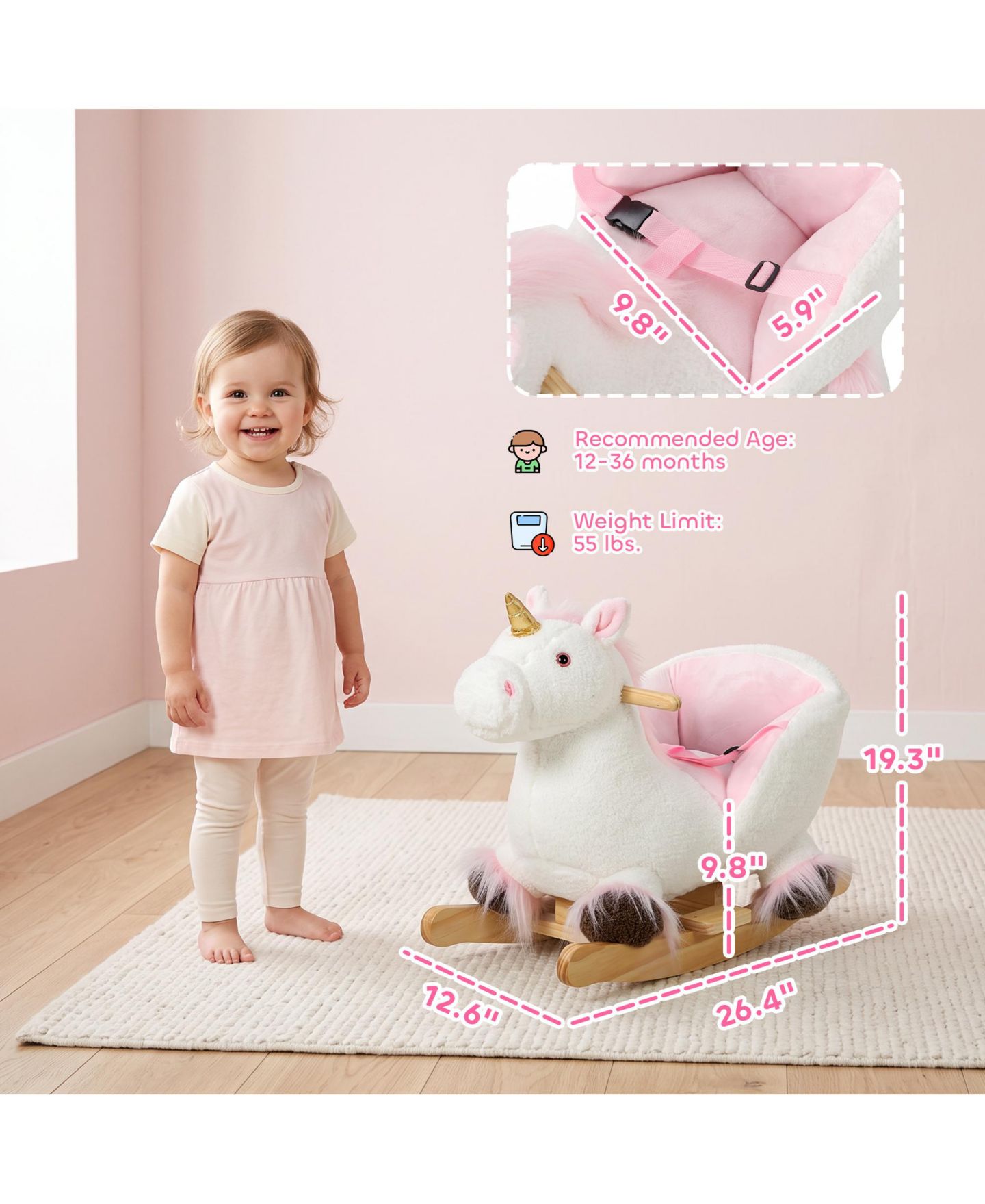 Детская игрушка Qaba Unicorn Baby Rocking Horse with Realistic Sound, 55 lb. Capacity, Ages 1+, цвет: Белый — фото 3