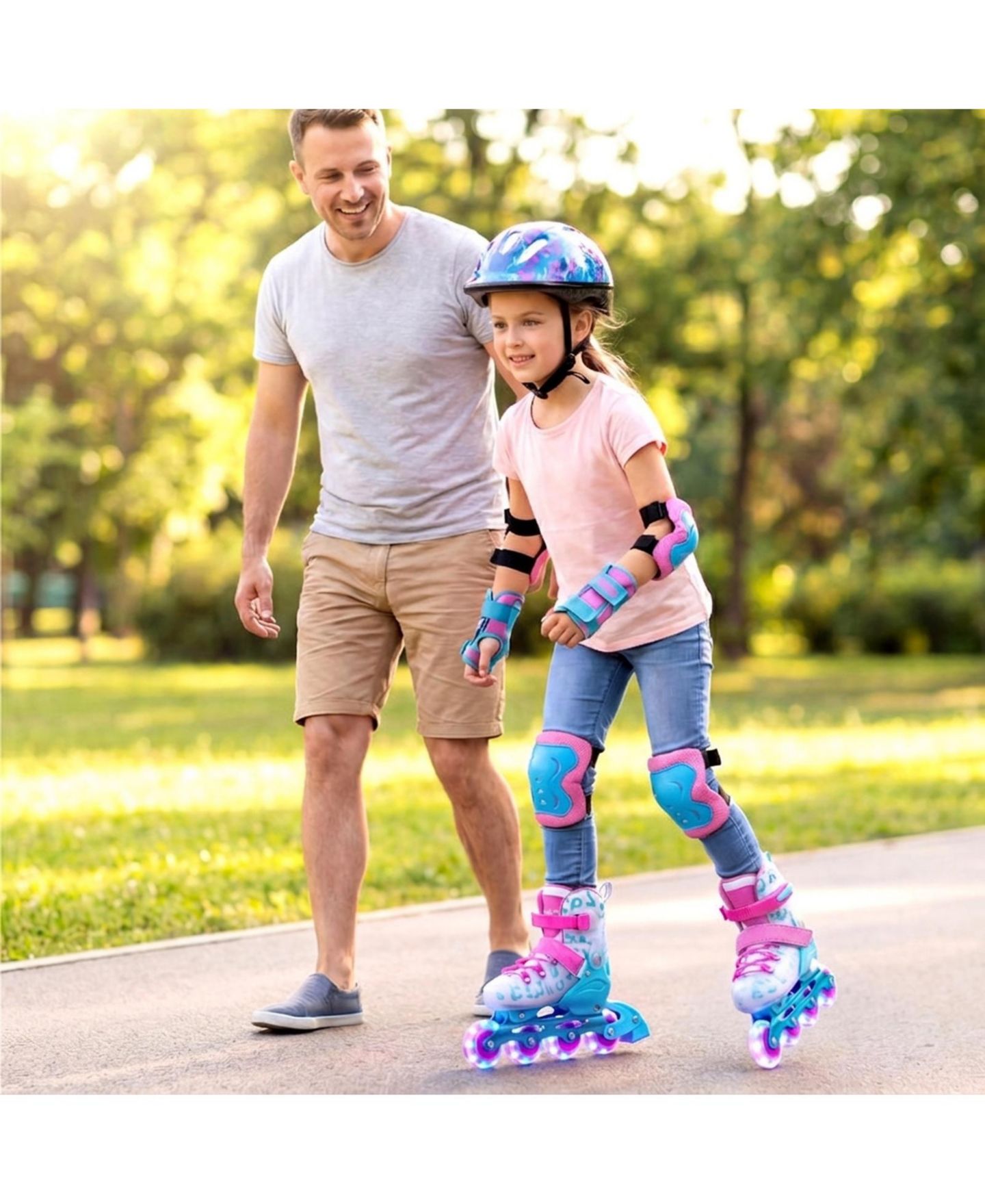 Детские игрушки HONGGE 4-Size Adjustable Inline Skates with Light-Up Wheels, Ages 7-9, цвет: Синий / Розовый — фото 2