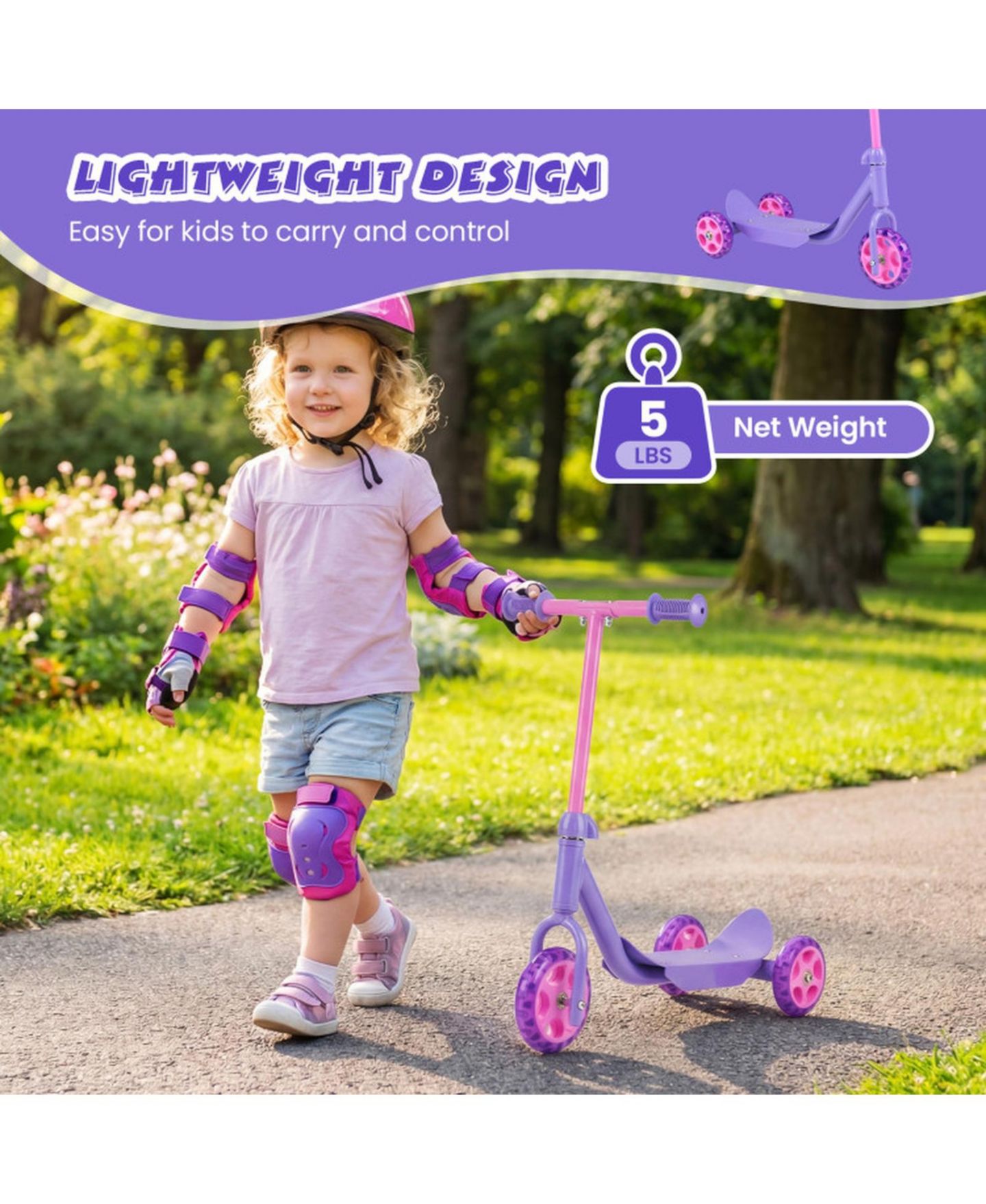 Детская игрушка HONGGE 3-Wheel Kids Scooter with LED Light-Up Wheels, Ages 2+, цвет: Фиолетовый — фото 6