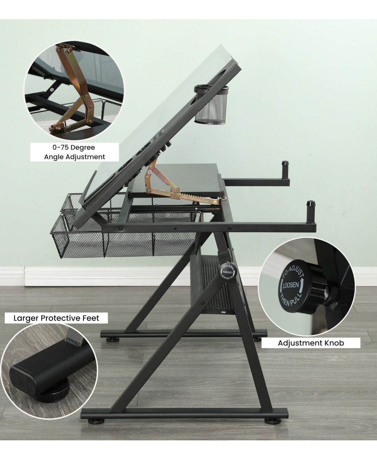 homfan Height Adjustable Drafting Table with Stool, Tilting Glass Top Art Desk with 2 Drawers
