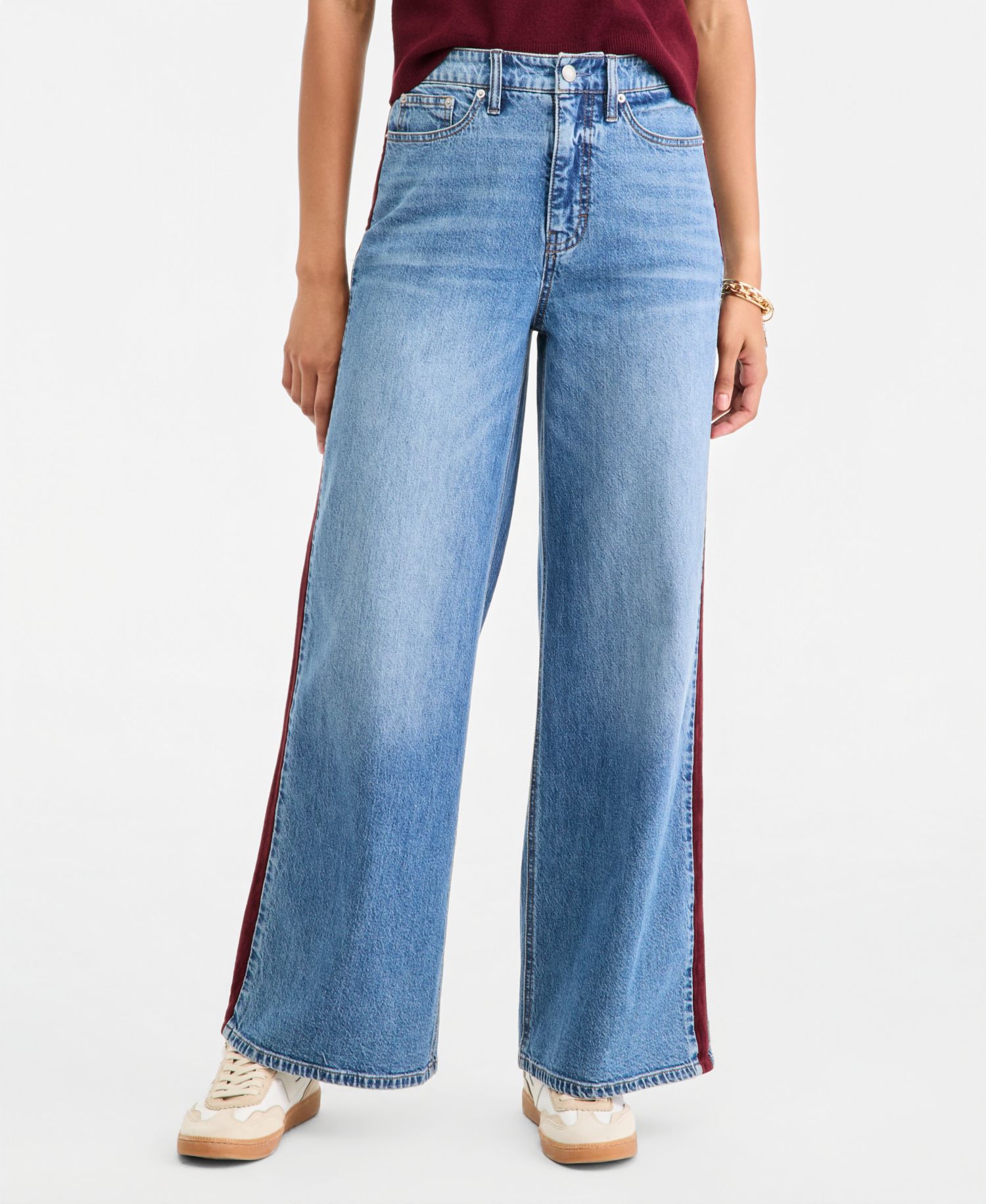 Women's High-Waisted Wide-Leg Suede Side-Stripe Jeans, Regular & Short