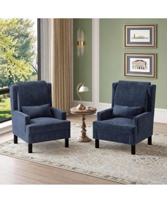 Set of 2 Wingback Accent Chairs, Mid-Century Chenille Reading Chair, 5.1" Cushion, Wood Frame and Lumbar Pillow