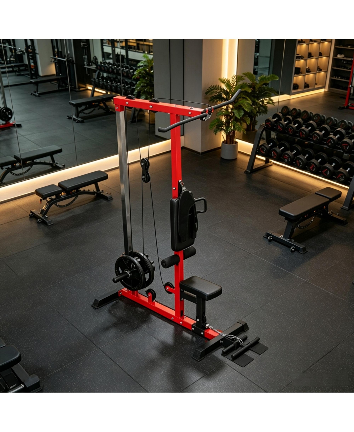 Home Lat Pulldown and Low Row Machine with Adjustable Seat, Plate Adapters and Wide Flip-Up Pedals