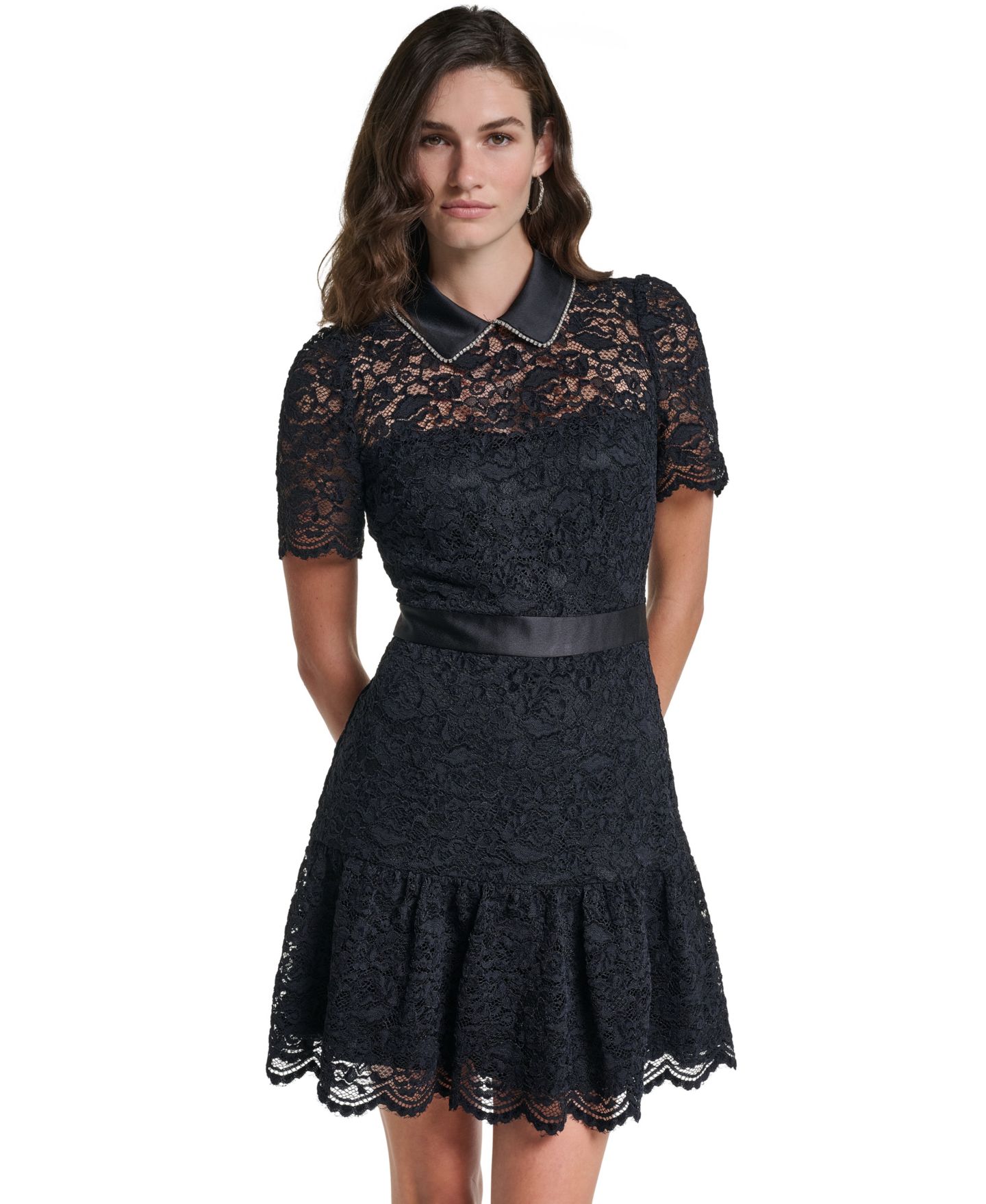 Женское платье KARL LAGERFELD PARIS Lace A-Line Cap-Sleeve, цвет: Чёрный — фото 2