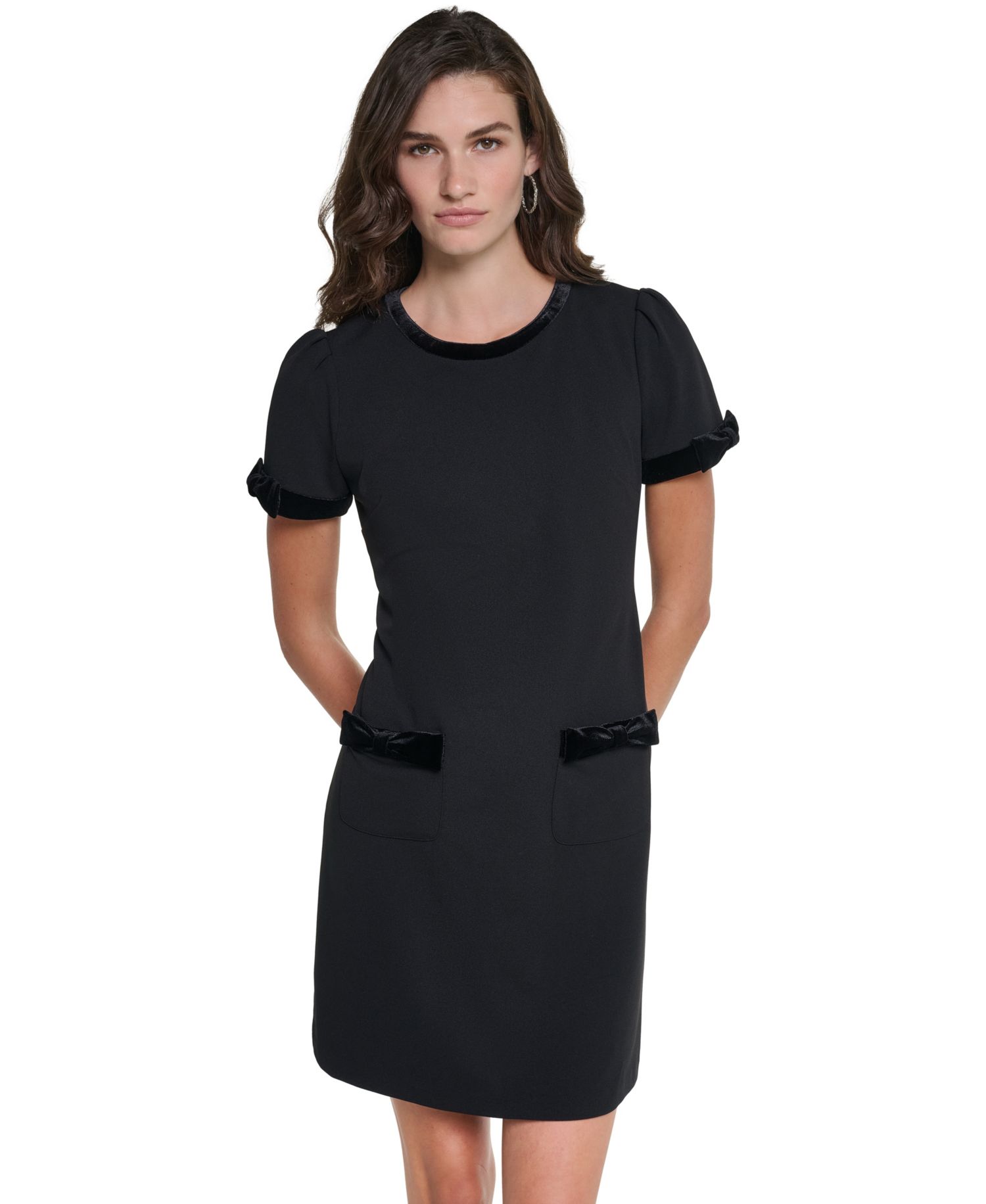 Women's Scuba-Crepe Velvet-Trimmed Shift Dress With Pockets