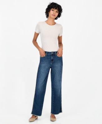 Women's Petite High-Rise Side Braid Straight-Leg Jeans