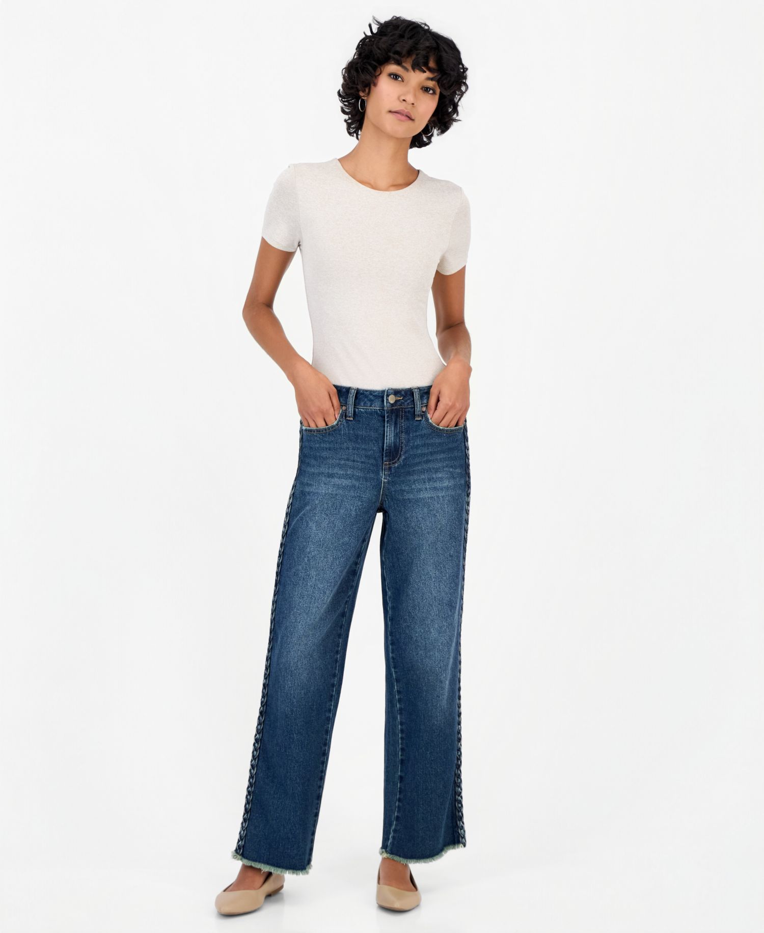 Petite Side-Braid Straight-Leg Jeans