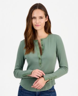 Women's Long Sleeve Ribbed Henley Top
