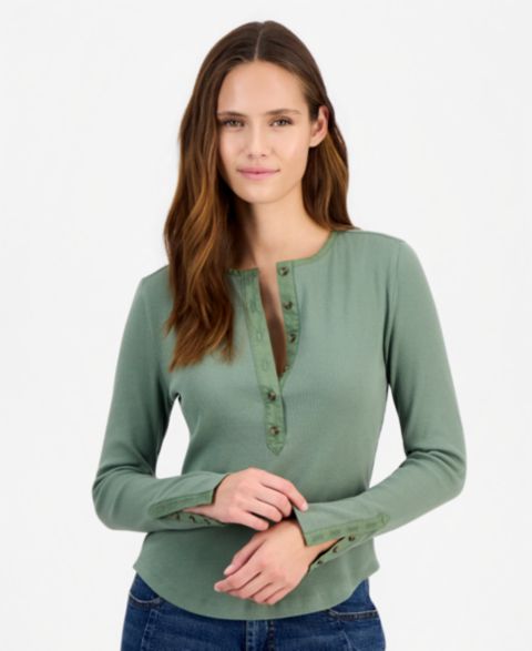 Женский топ On 34th Long Sleeve Ribbed Henley Top, цвет: Холодный оливковый