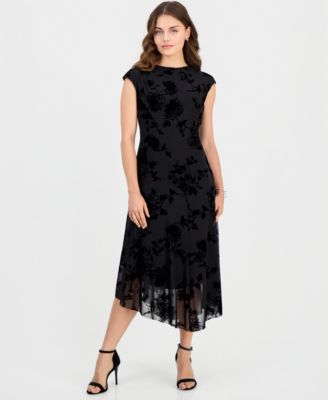 Petite Flocked Velvet Hankie Midi Dress