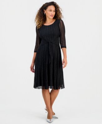 Petite Mesh Tie-Waist 3/4-Sleeve Midi Dress