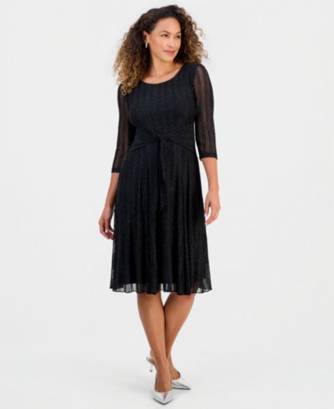 Женское платье Connected Petite Mesh Tie-Waist 3/4-Sleeve Midi, цвет: Чёрный