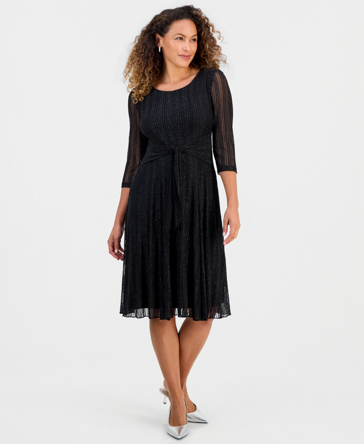 Connected Petite Mesh Tie-waist 3/4-sleeve Midi Dress In Black