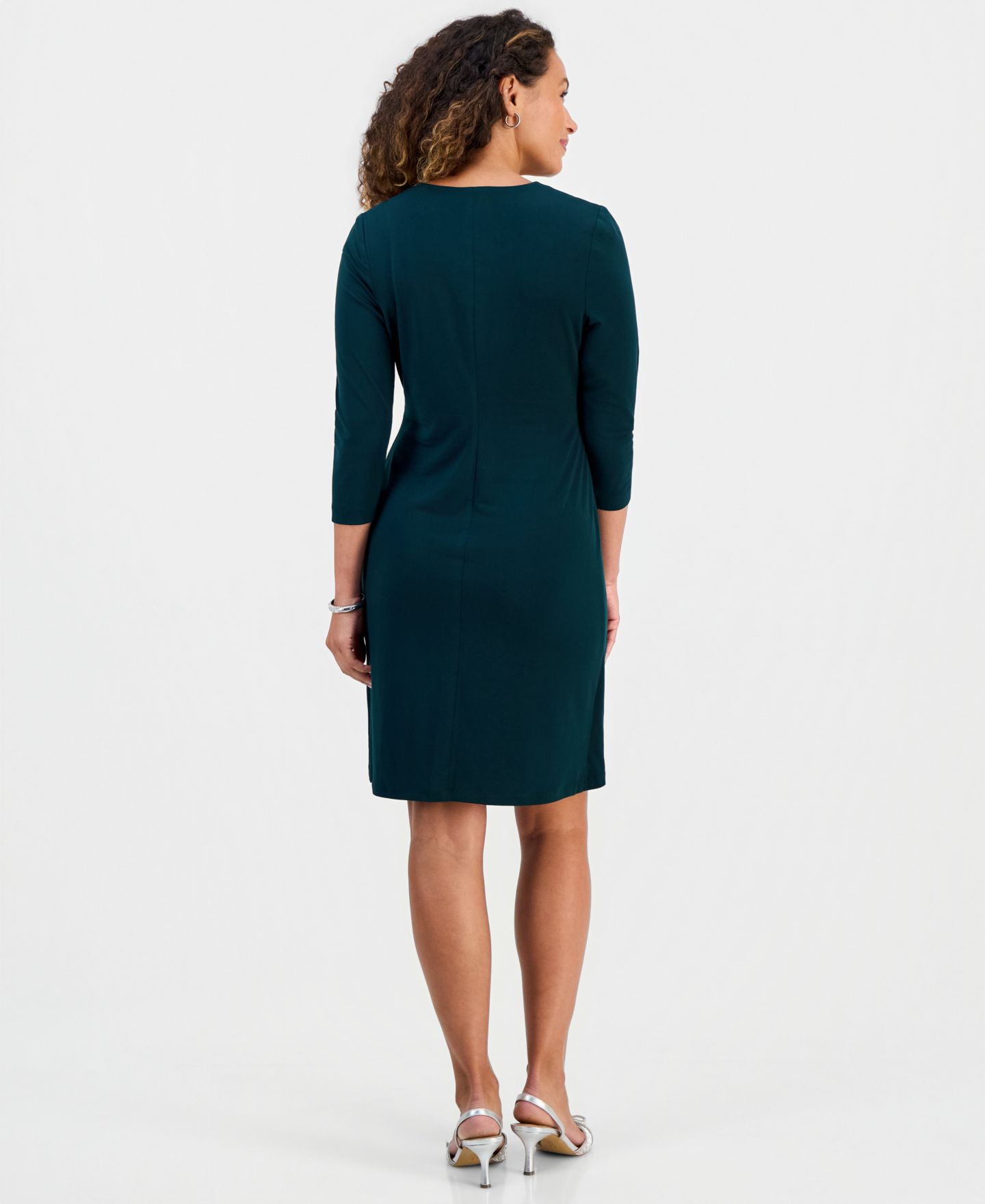 Женское платье Connected Petite Solid Jersey Mock Wrap V-Neck 3/4 Sleeve, цвет: Тёмно-зелёный — фото 5