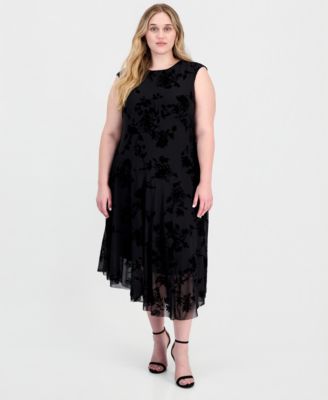 Plus Size Flocked Velvet Floral-Print Hanky Hem Midi Dress