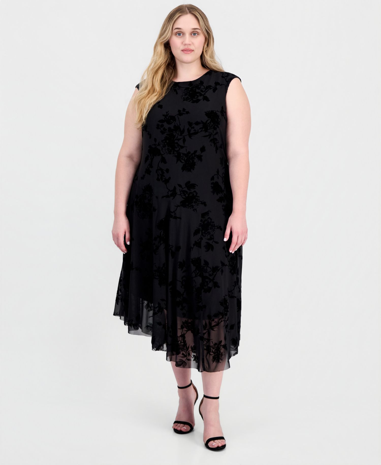 Petite Flocked Velvet Hankie Midi Dress