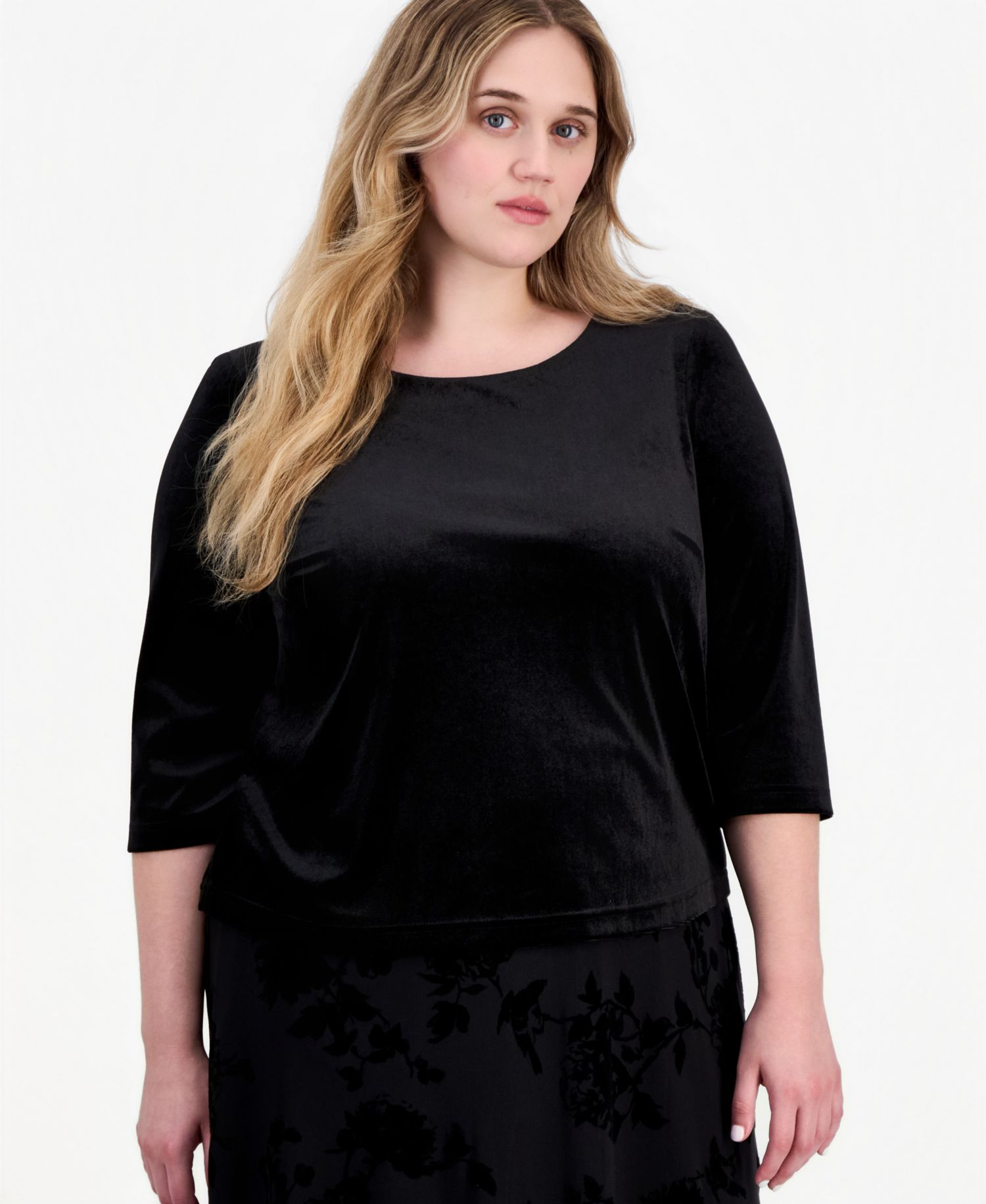 Plus Size A-Line Midi Knit Top and Velvet Skirt, 2-Piece Set