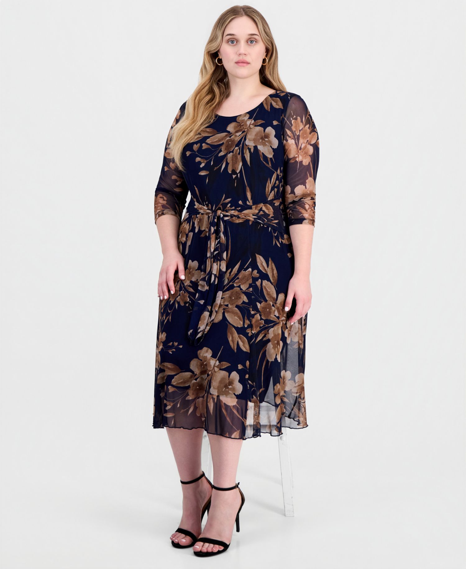 Plus Size Printed 3/4-Sleeve Fit & Flare Dress