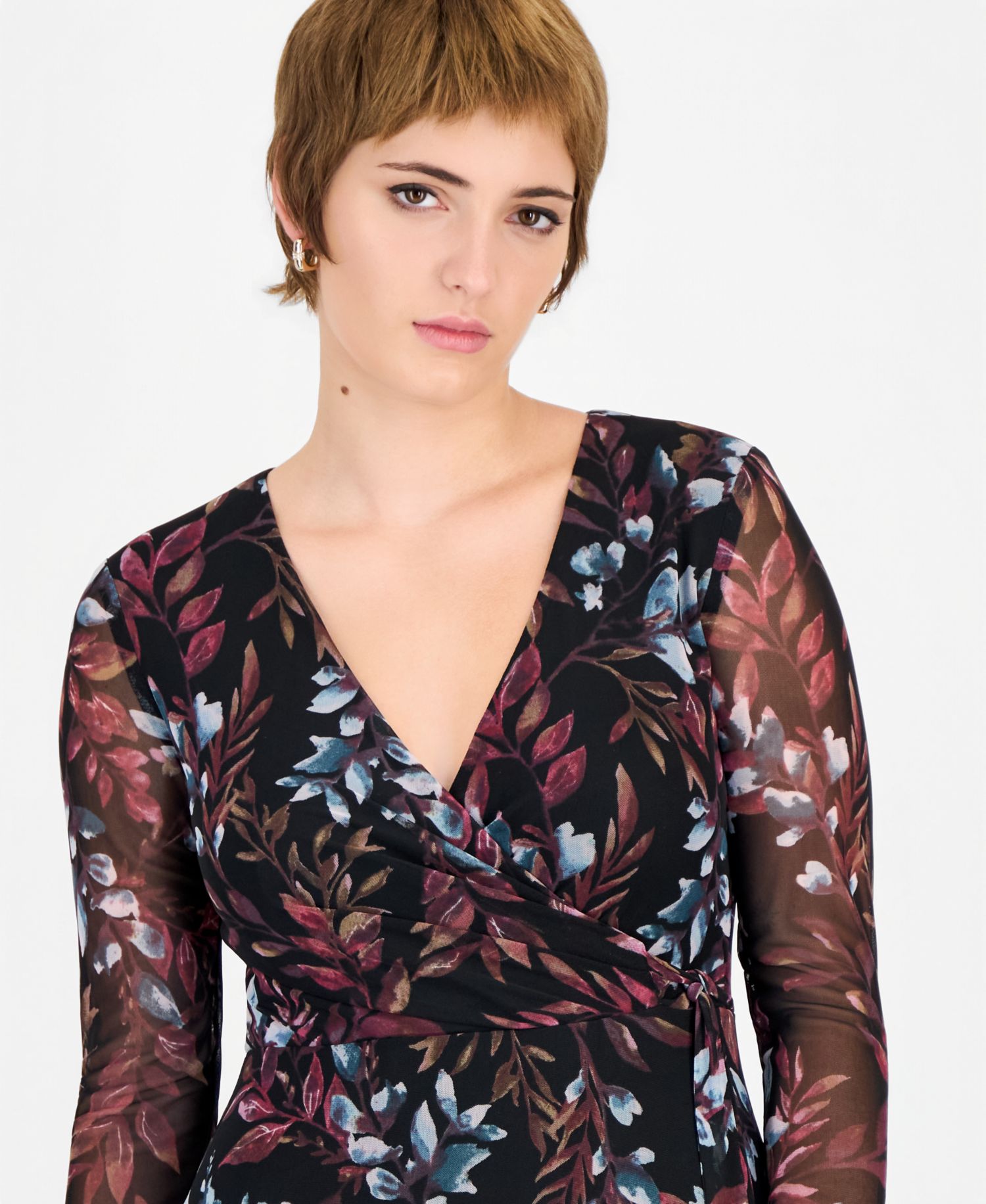 Women's Floral Mesh-Overlay Midi Wrap Dress