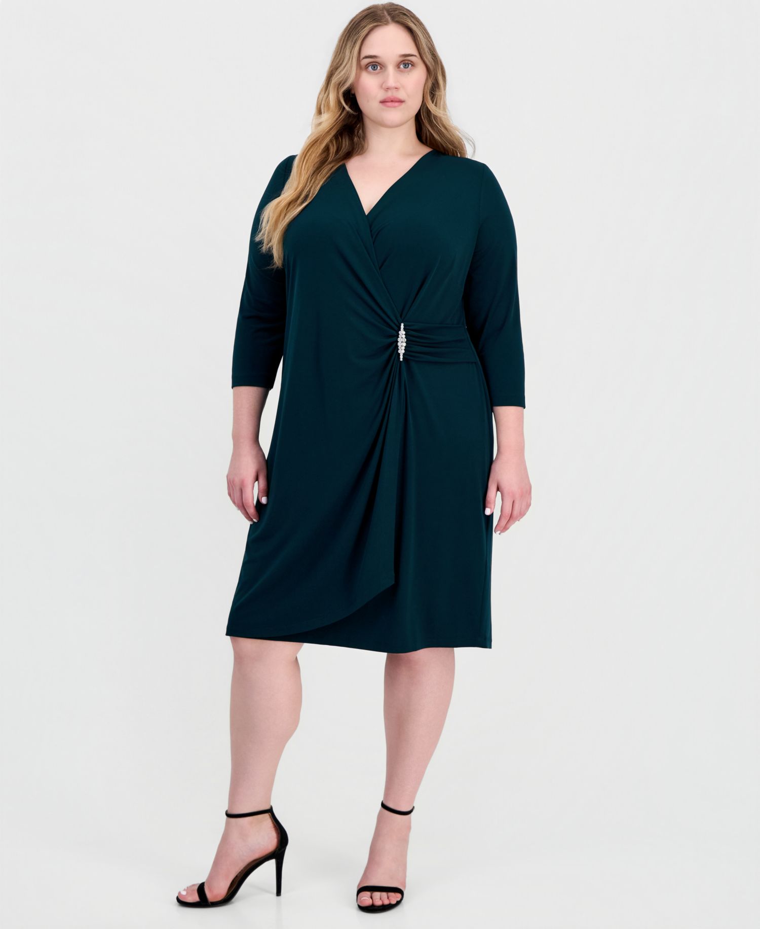 Petite Solid Jersey Mock Wrap V-Neck 3/4 Sleeve Dress