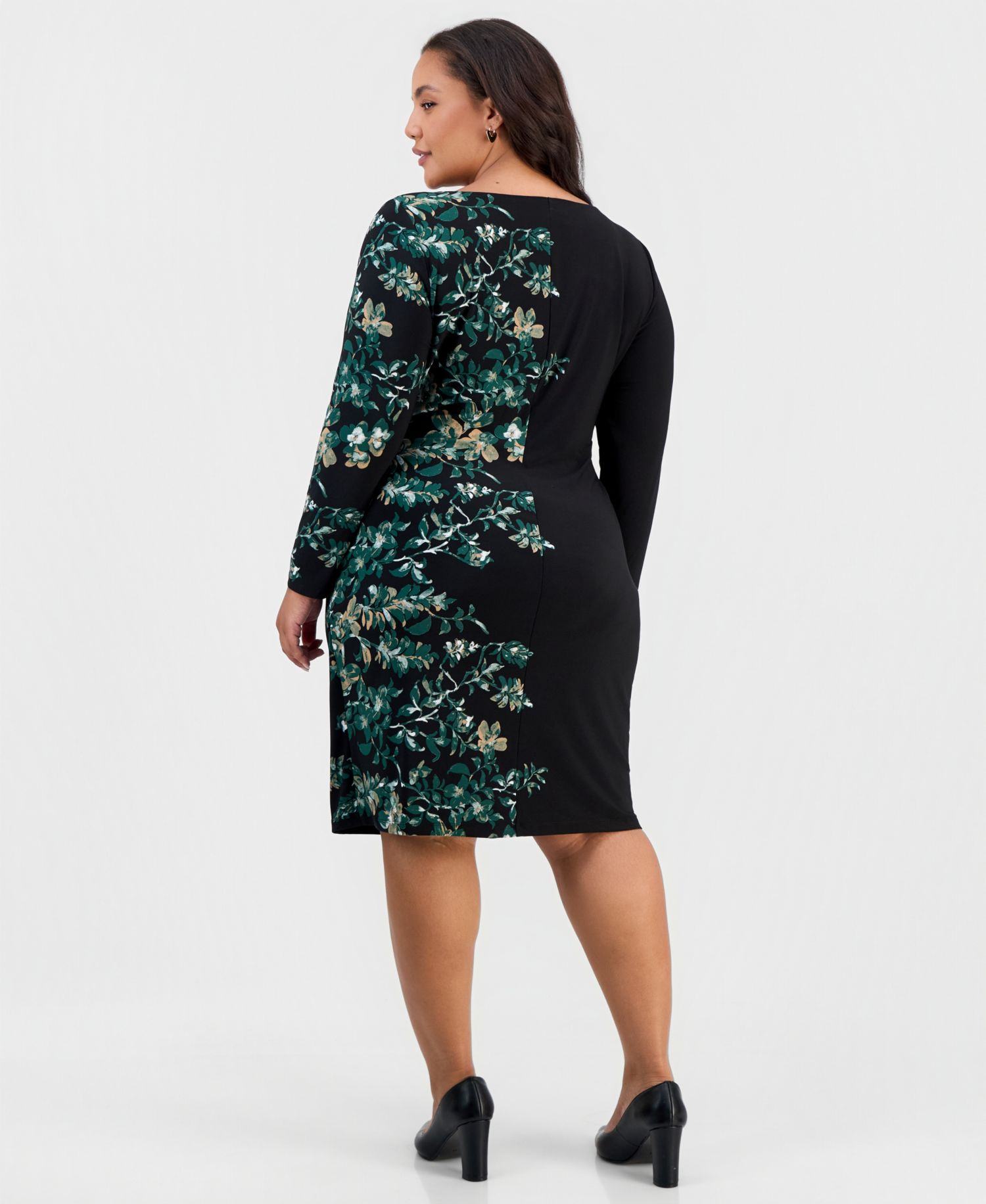 Plus Size Long Sleeve Floral Side Pleat Dress