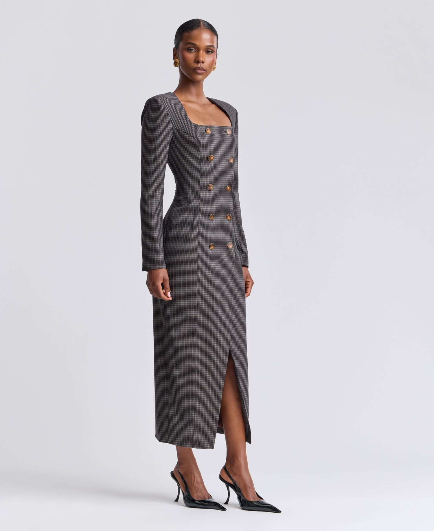 Women's Plaid Long-Sleeve Double-Breasted Midi Dress