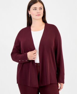 Plus Size Collarless Open-Front Long-Sleeve Cardigan