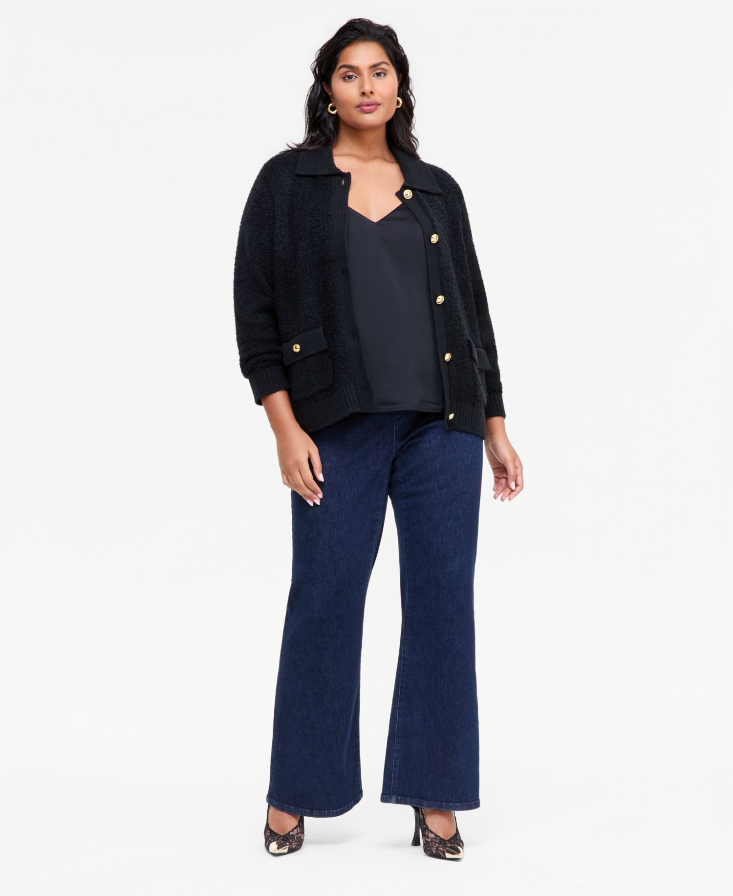 Plus Size Boucl&eacute; Long-Sleeve Cardigan