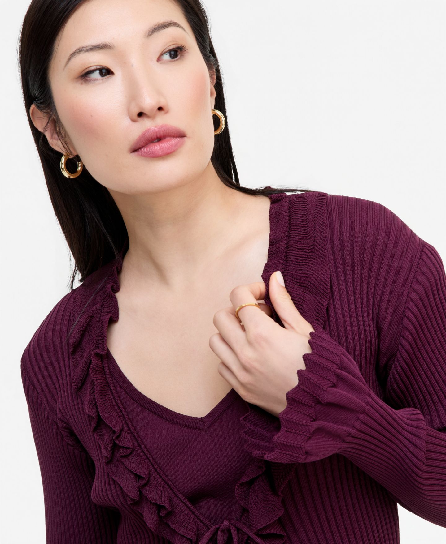 Женский кардиган I.N.C. International Concepts Long-Sleeve Ruffled Ribbed V-Neck, цвет: Ягодный винный — фото 3