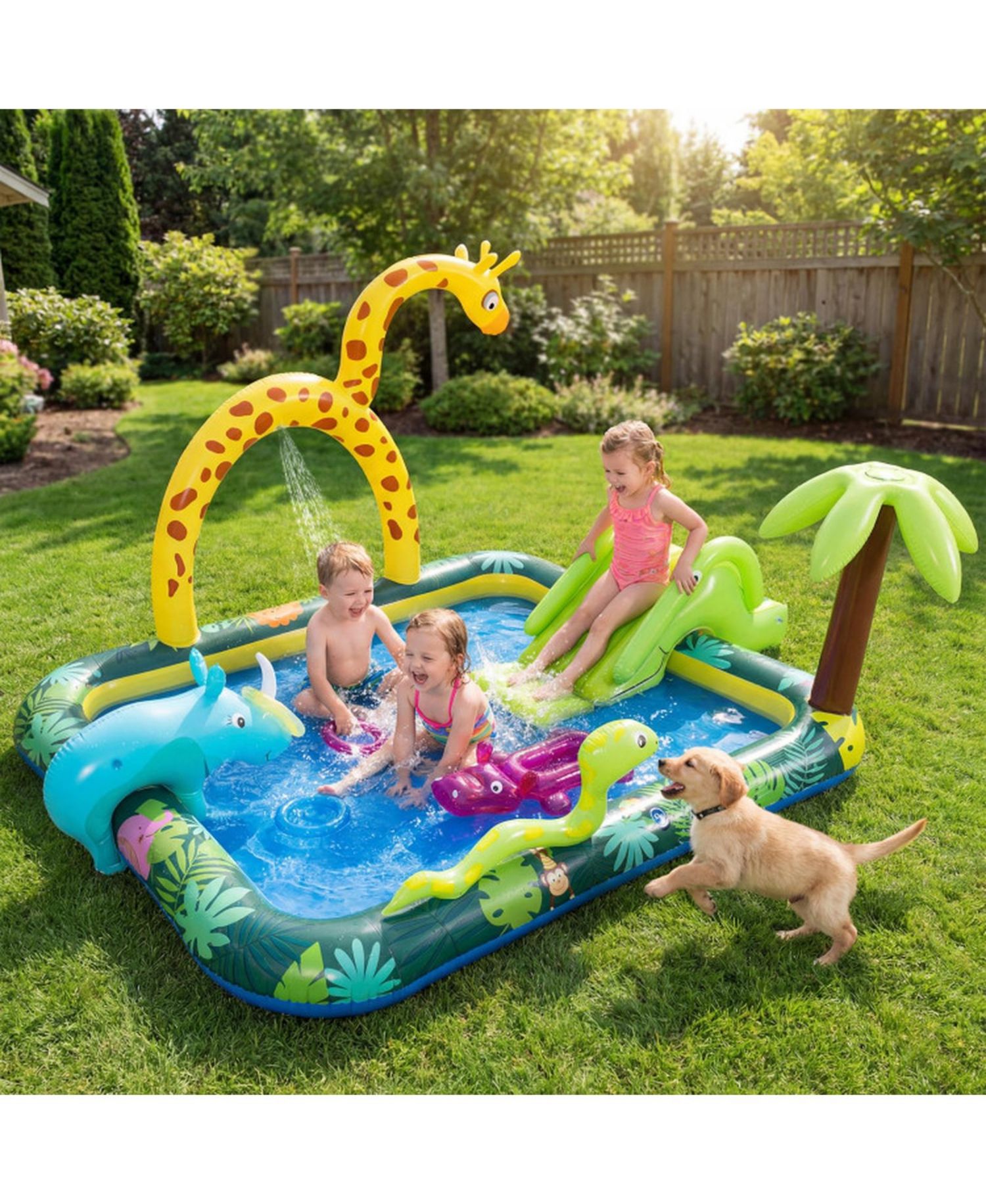 Jungle Animal Inflatable Spray Pool Play Center with Slide and Sprinkler Ages 2-6