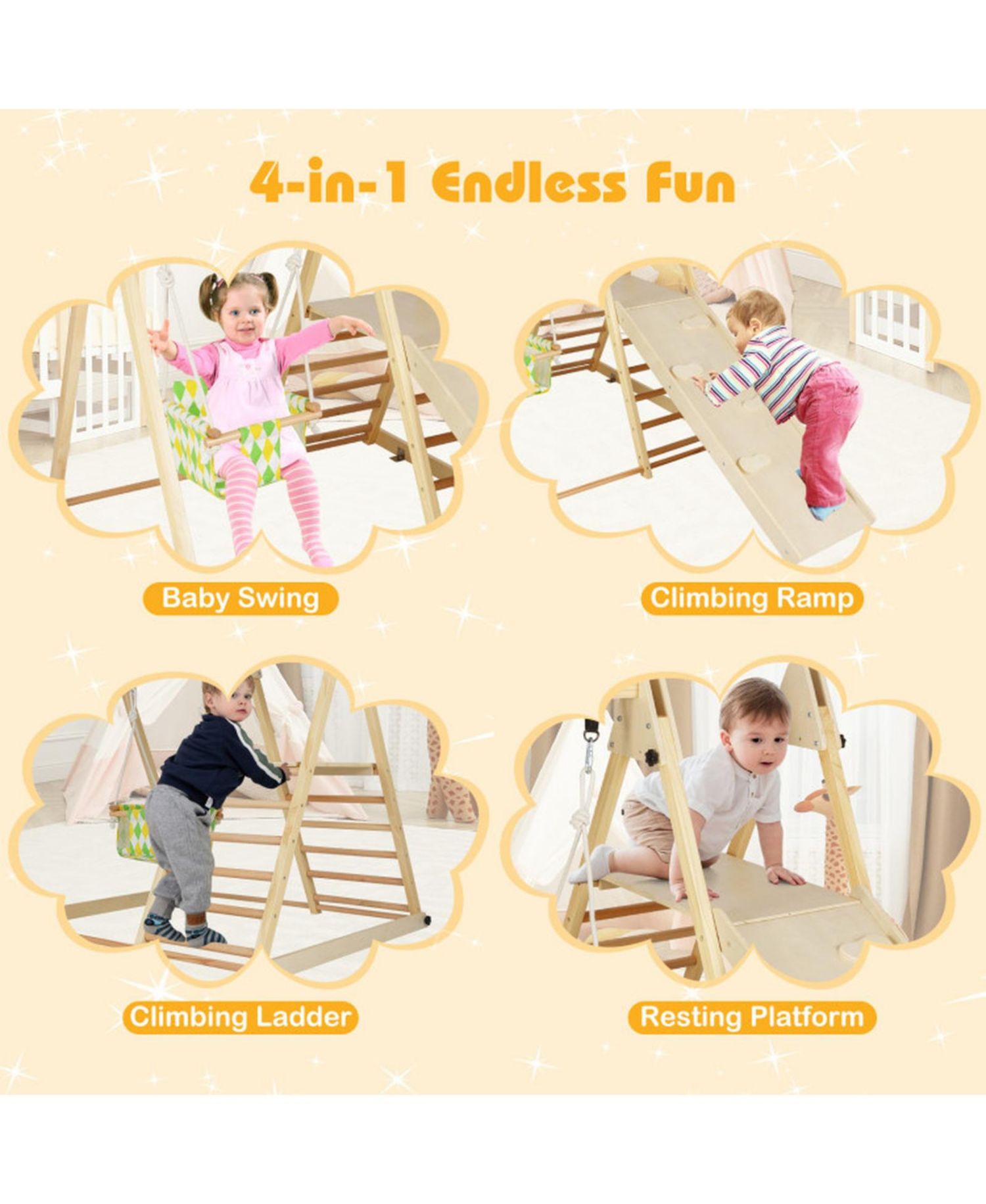 Ages 1+ 4-in-1 Wooden Indoor Jungle Gym