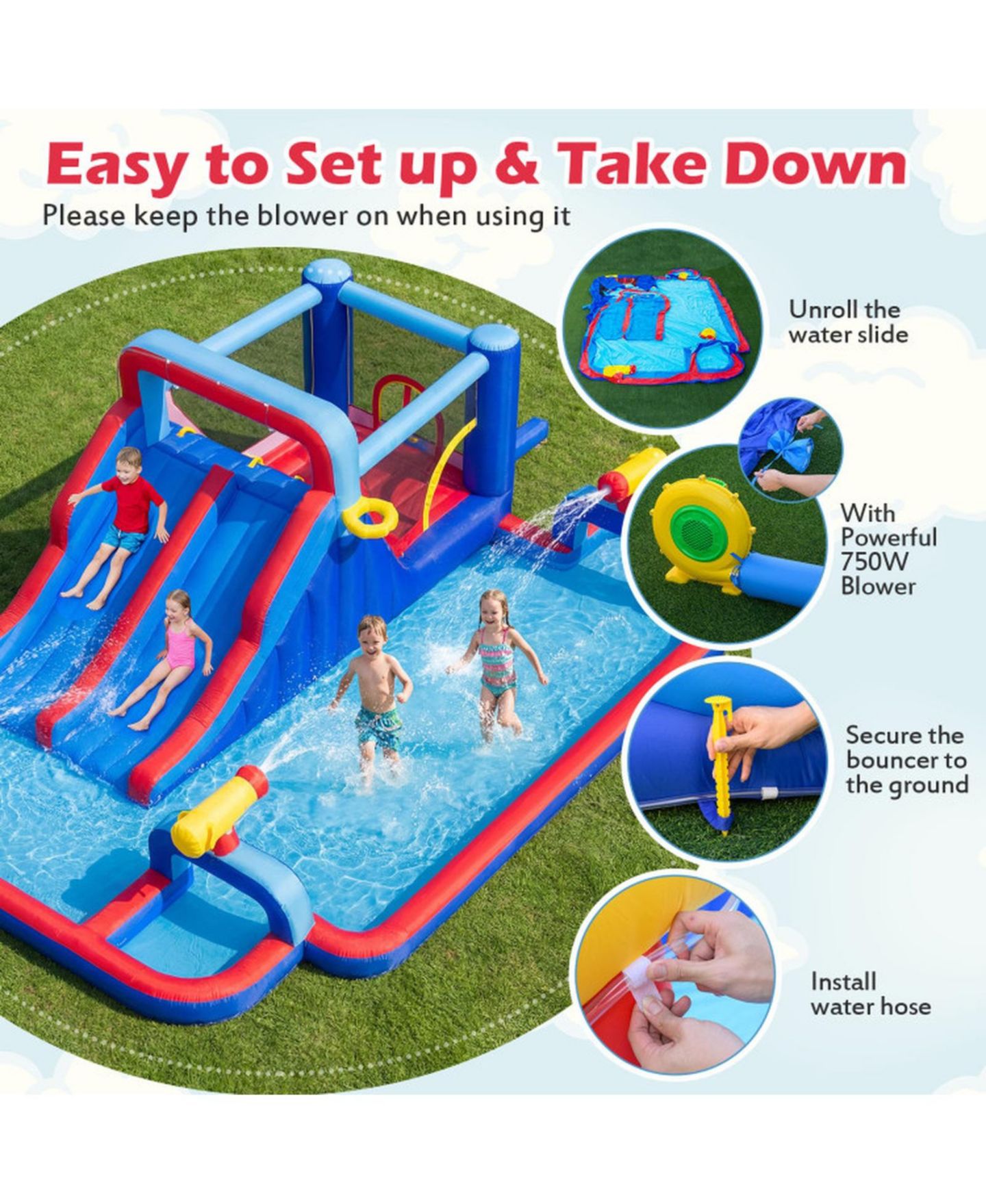 Детские игрушки HONGGE Giant Inflatable Water Slide Bounce House with Double Slides, Splash Pool, and 750W Blower, Ages 3-12, цвет: Синий — фото 6