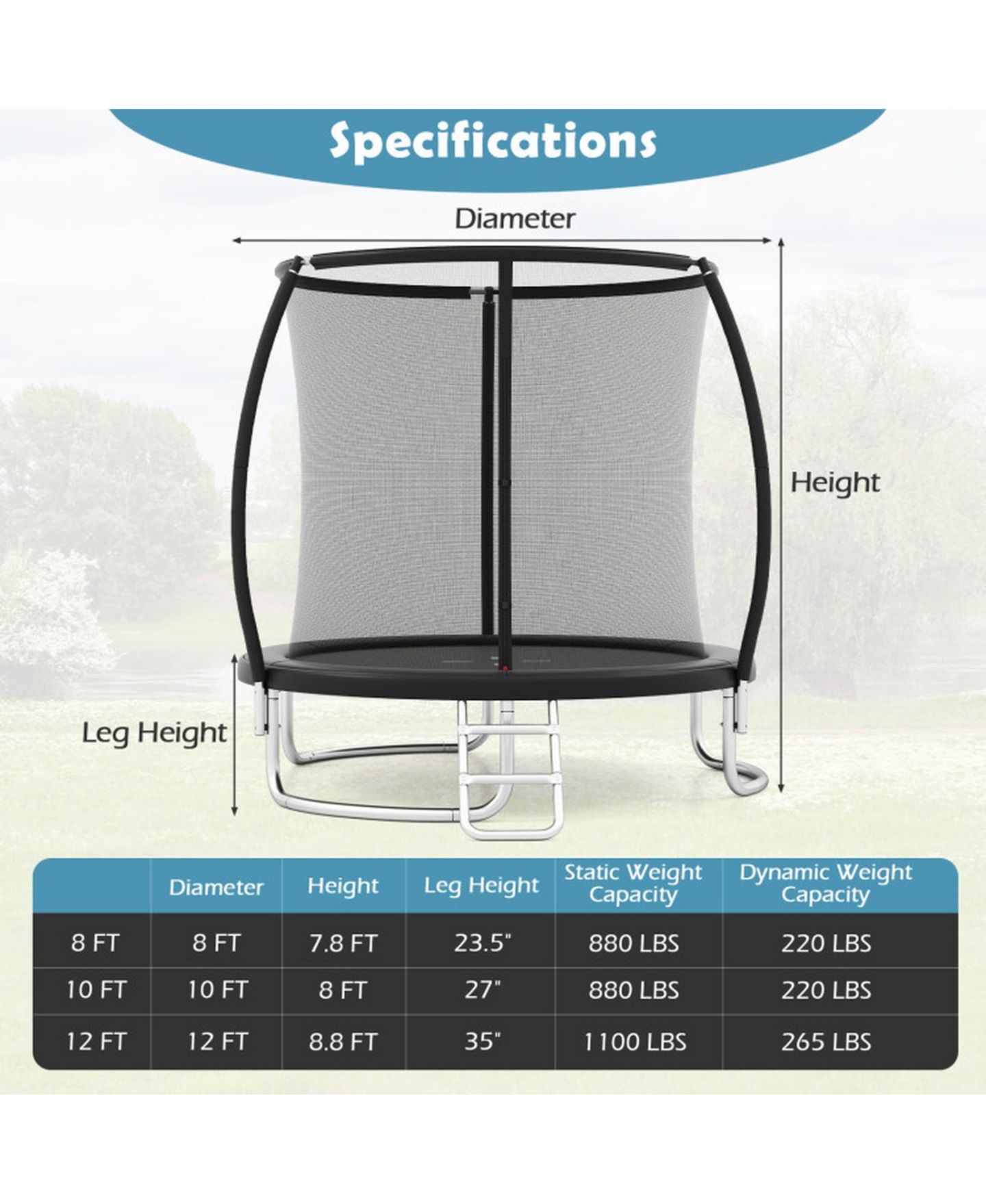 Детская игрушка HONGGE 8 ft Galvanized Steel Safety Enclosure Net Trampoline with Ladder, 880 lb Capacity, Ages 3+, цвет: Чёрный — фото 3