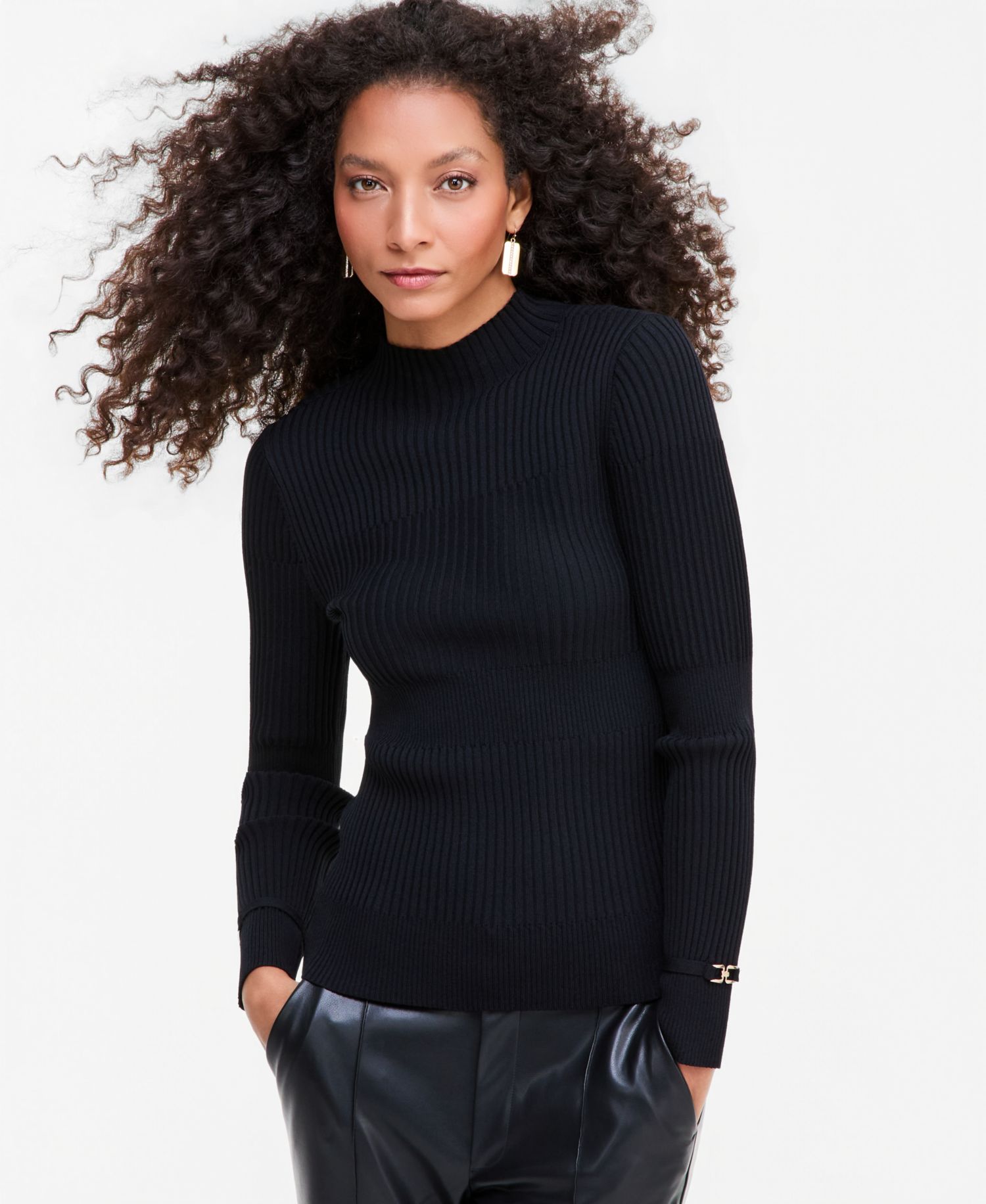 Women's Mock Neck Ribbed Long-Sleeve Sweater