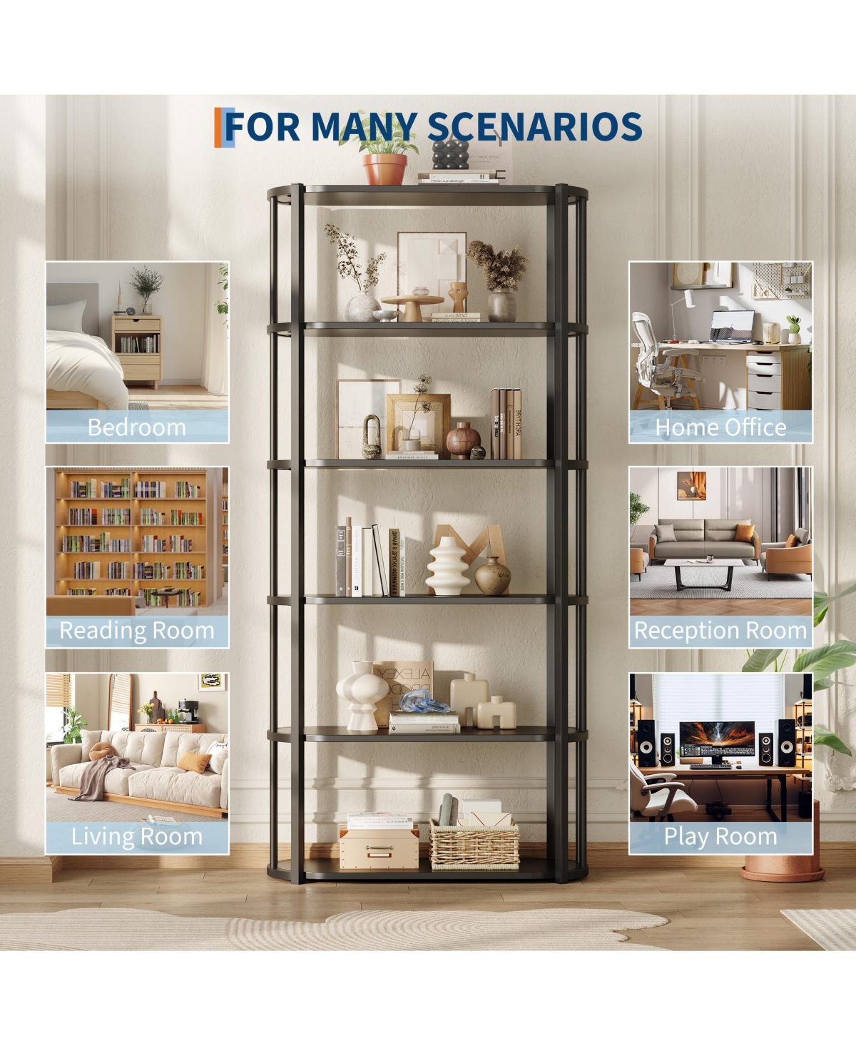 homfan Modern 71'' Tall 6-Tier Industrial Bookshelf, Sturdy Freestanding Metal Bookcase with Wooden Shelves, Open Storage Rack for Living Room,Bedroom