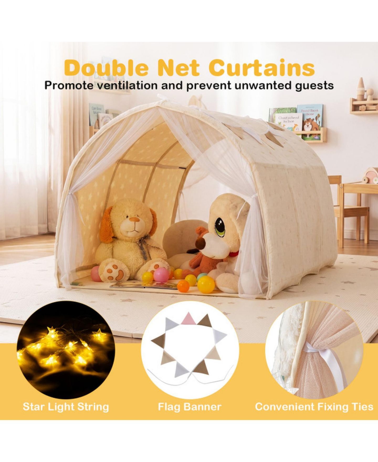 Детская игрушка HONGGE Glow-in-the-Dark Stars Twin Bed Flannel Canopy Tent, Ages 3+, цвет: Мягкий бежевый — фото 5