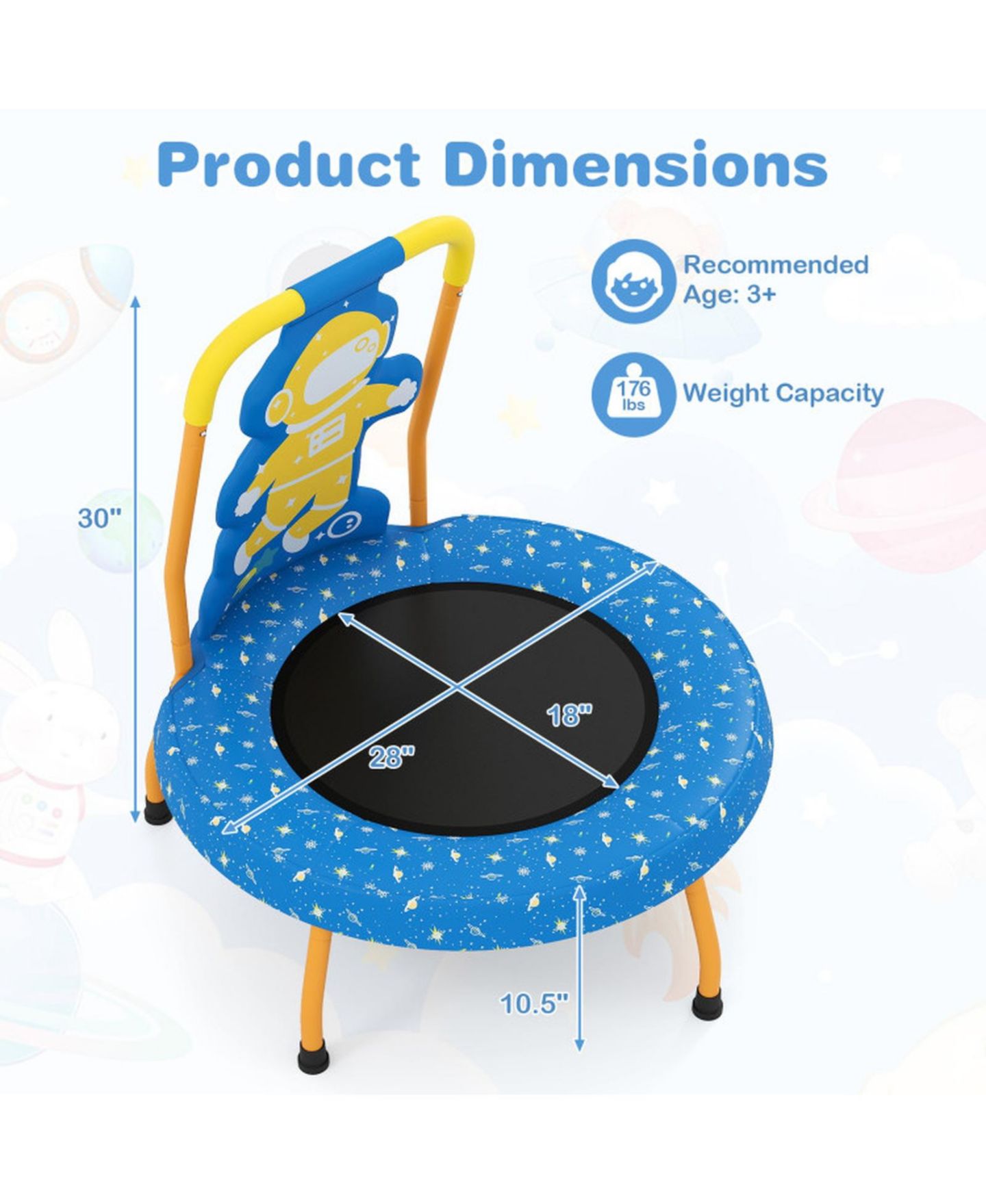 Детская игрушка HONGGE Mini Toddler Trampoline with Padded Handle, 28" × 30", 176 lb Capacity, Ages 3-6, цвет: Синий — фото 3