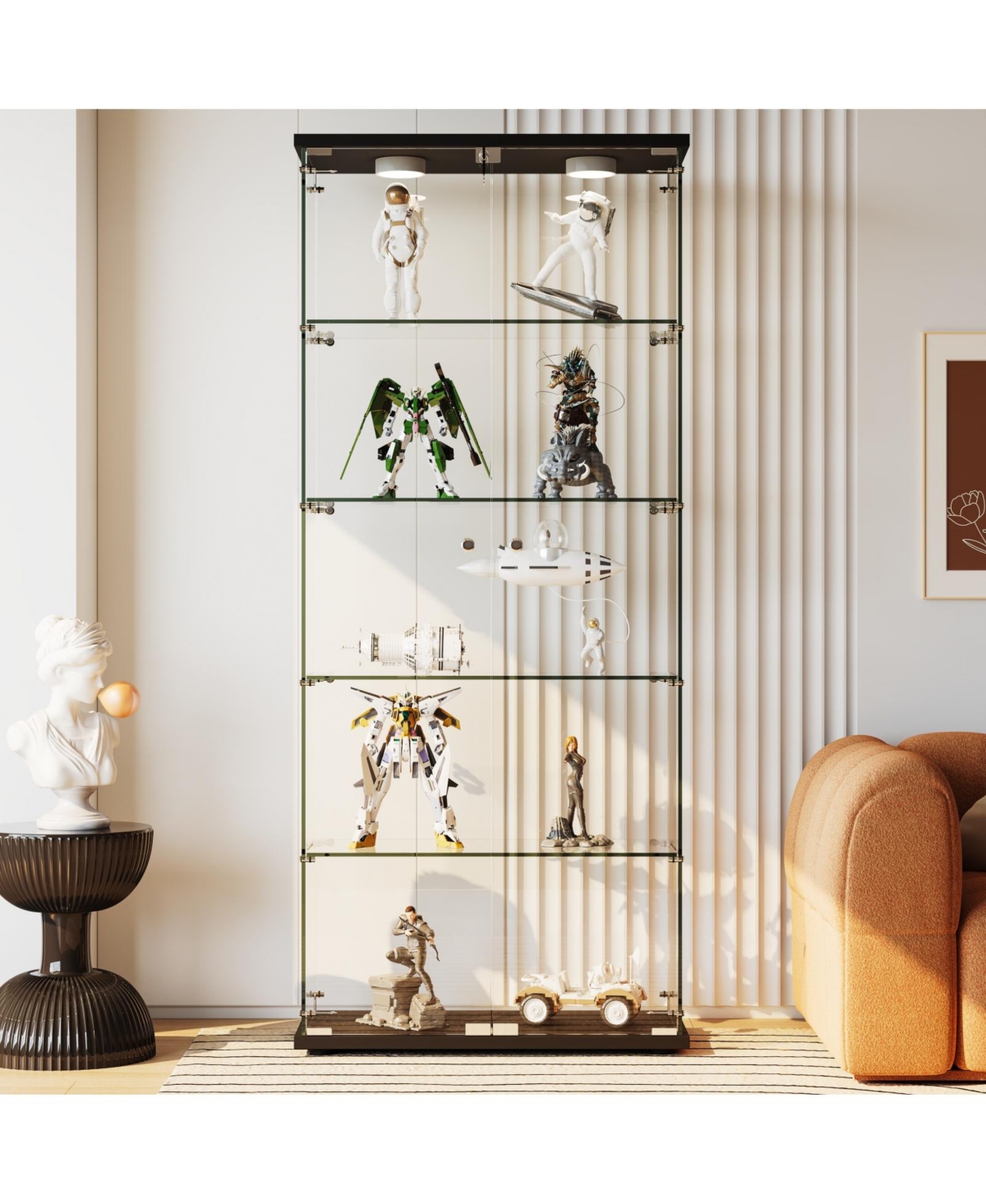 homfan Led-Lit Glass Display Cabinet, 5 Adjustable Shelves, Locking Doors, Curio for Collectibles, Figures, Models, Modern Organizer Living Room