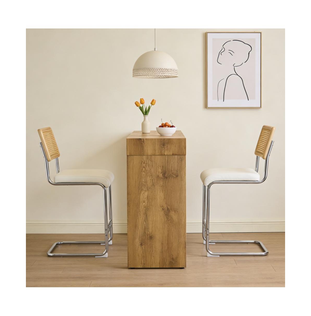 Flynama 2-Piece Wood Grain Bar Table Set with Pu Stools, Double Drawer Storage for Cafe