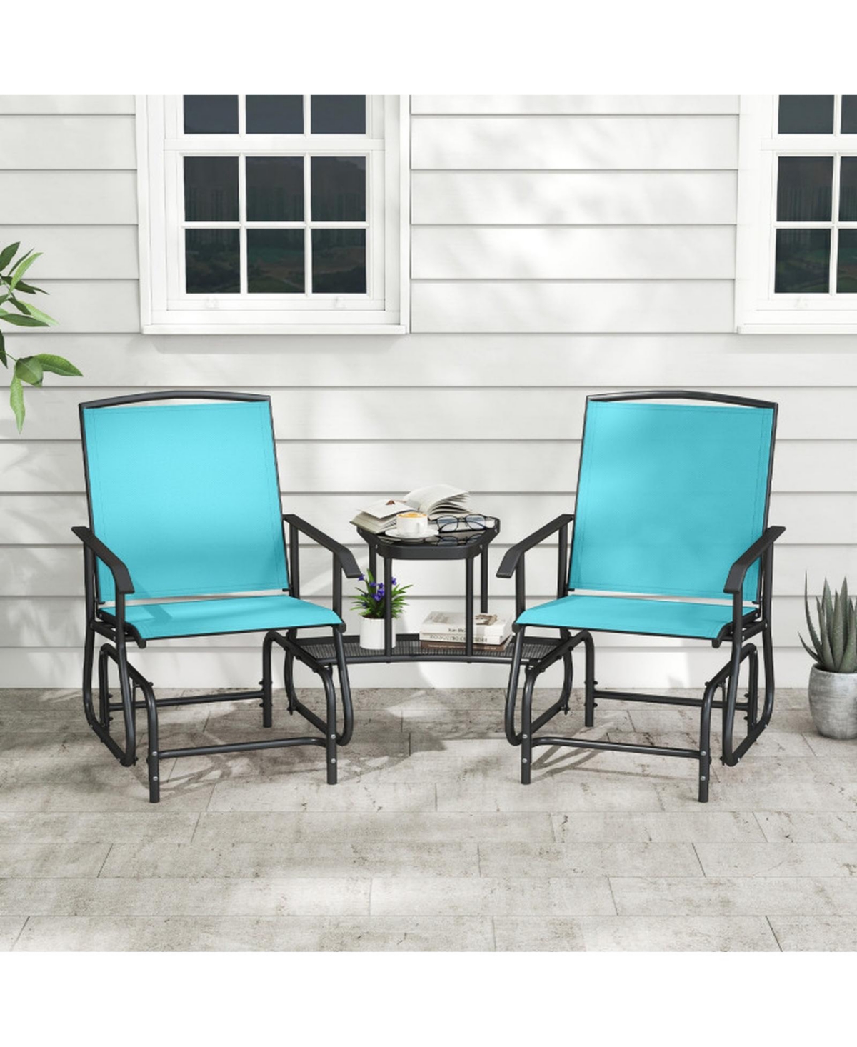 Sugift 2-Seater Outdoor Glider Bench with 2-Tier Center Table