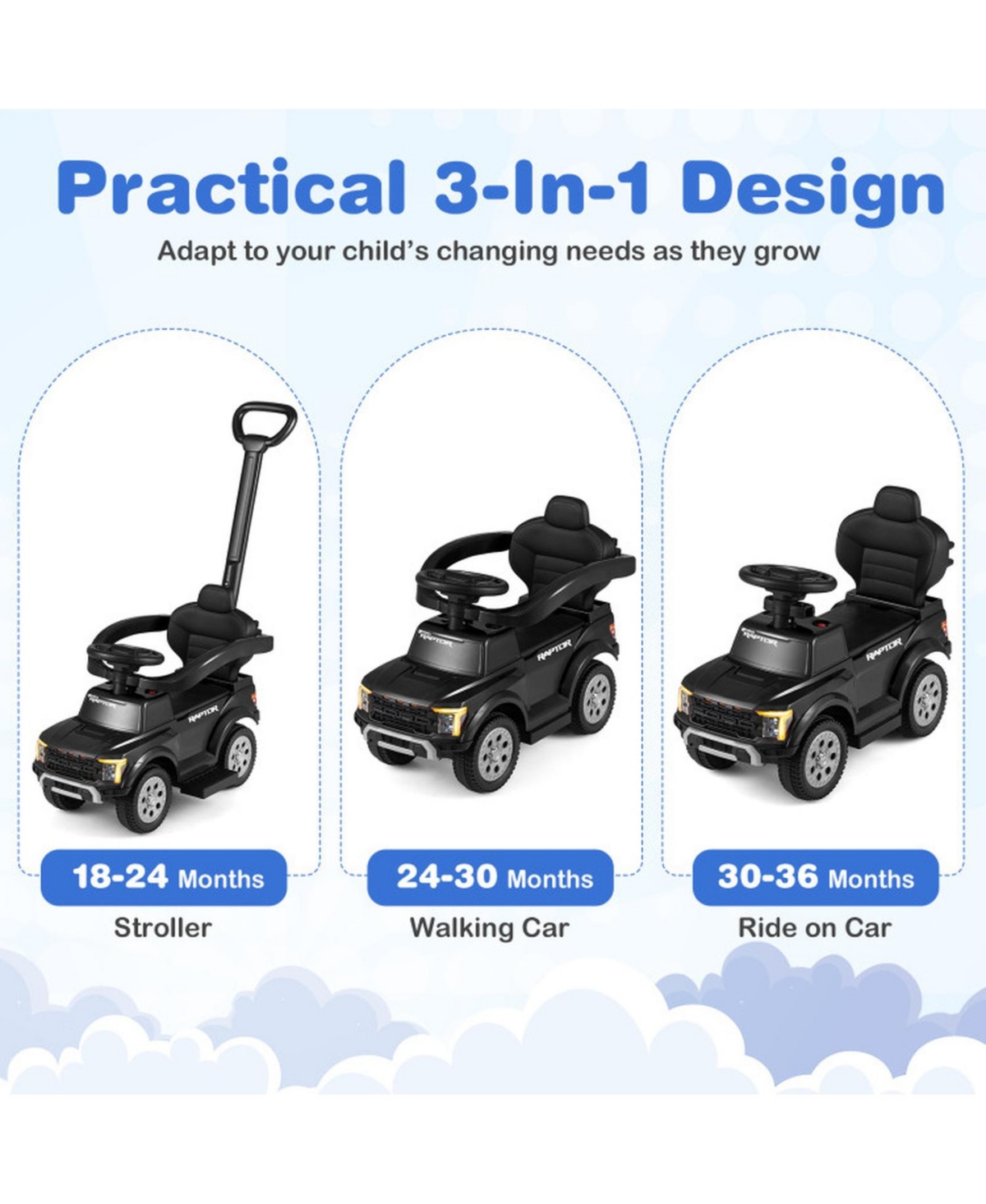 Sugift 3-In-1 Push Ride-On Car, 33.5" x 14" x 37", Ages 18-36 Months
