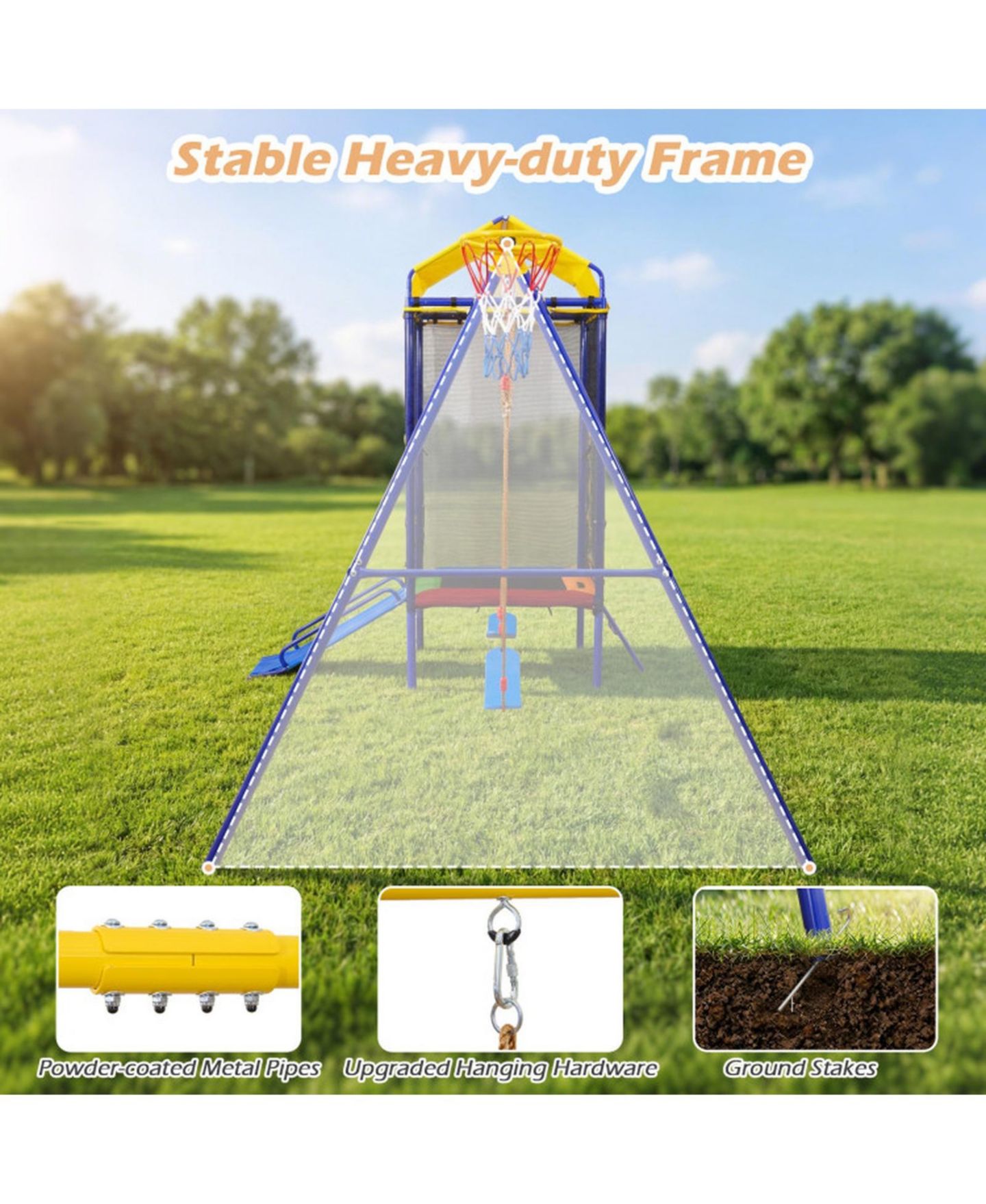 Детские игрушки SUGIFT 5-in-1 Metal Swing Set with Slide, Trampoline & Basketball Hoop, Ages 8+, цвет: Жёлтый — фото 4