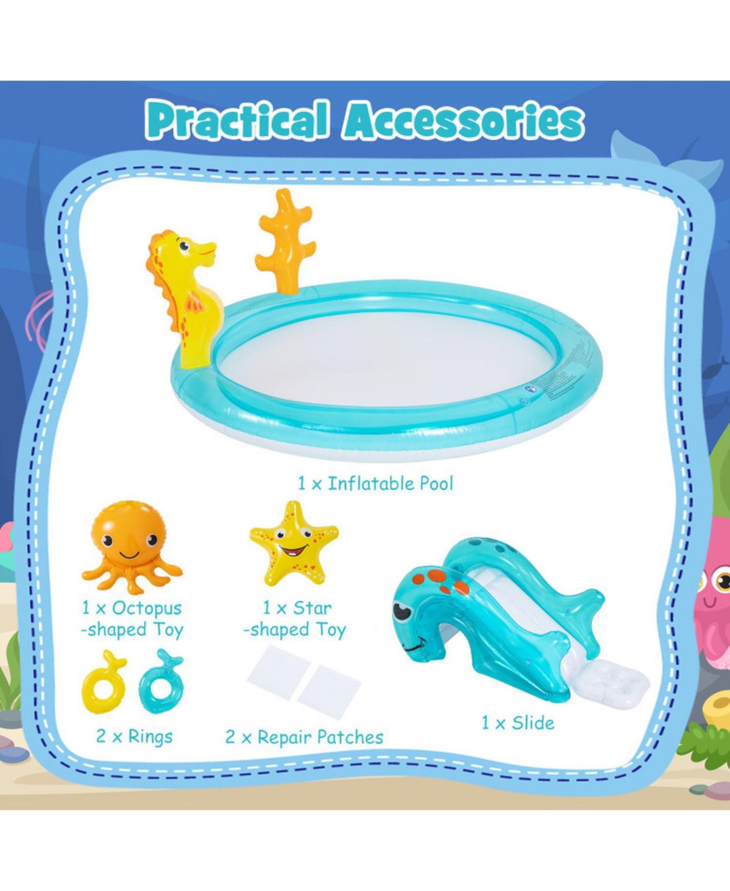 Детские игрушки SUGIFT Kids Inflatable Water Park 70" x 62" x 26.5", PVC with Slide, Sprinkler & Ring-Toss Game Play Center, Ages 2-6, цвет: Open Miscellaneous — фото 5